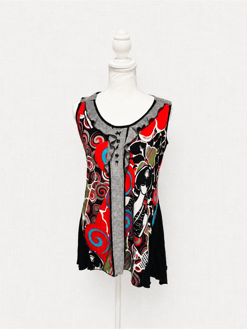 Vintage Y2K Zoe Sleeveless Graphic Tunic Top - Red Black Multicolor
